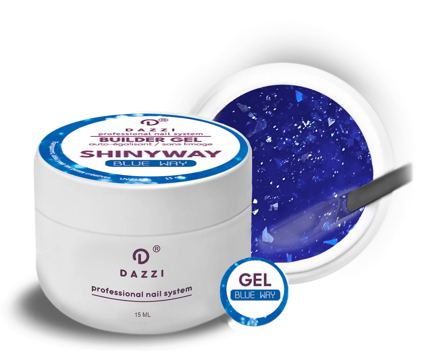 Gel transparent Shinyway, auto-égalisant extrêmement pailleté "BLUE WAY", bleu 15 ml