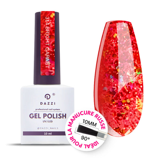 Vernis Semi Permanent "Bright Garnet " 314, Rouge, avec de grandes paillettes 10ml