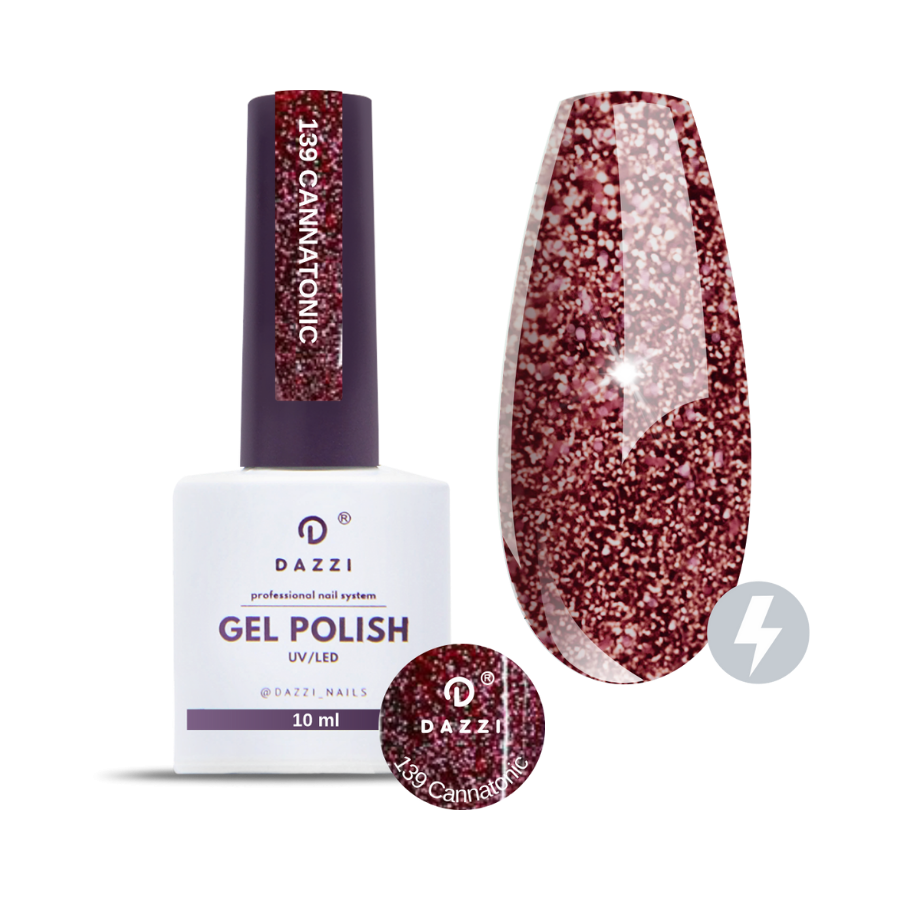 Vernis semi-permanent réfléchissant / très pailleté "Cannatonic" 139, rouge / bordeaux, 10ml